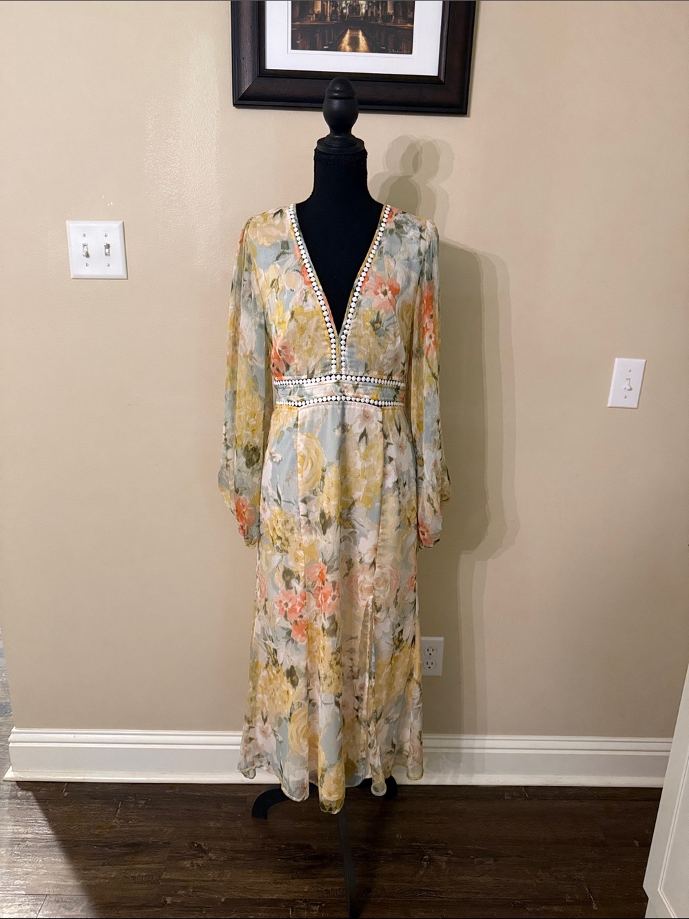 Esther & Company Pamelia Dress Floral V-Neck Long Sleeve Maxi Dress - Pale Multi